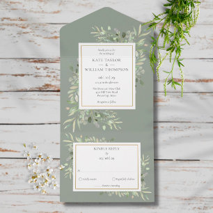 Botanische Grün-Monogramm Salbeigrüne Hochzeit All In One Einladung