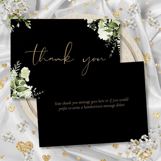 Botanische Grünanlagen aus Schwarz und Gold - Eleg Dankeskarte (Black And Gold Botanical Greenery Elegant Script Thank You Card)
