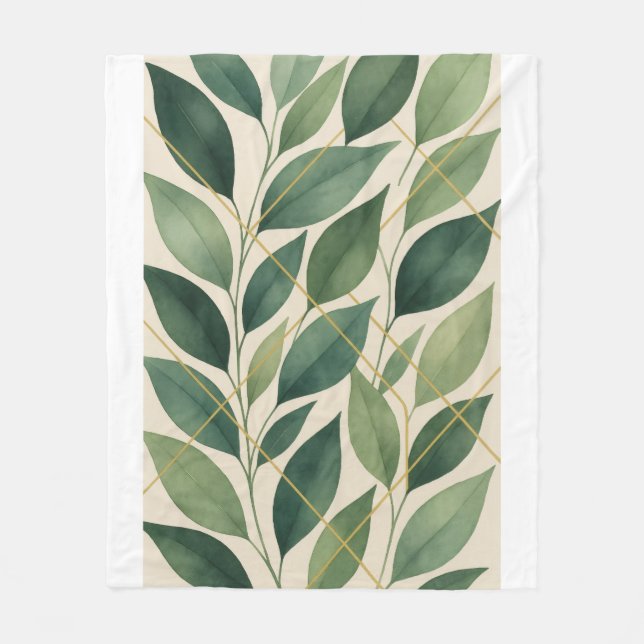 Botanische grüne Blätter Fleece-Decke | Wasserfarb Fleecedecke (Vorderseite)