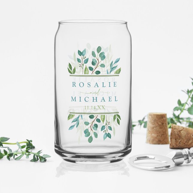Botanische Grüne Hochzeit Dosenglas (Botanical Greenery Can Glass With Custom Name and Date )