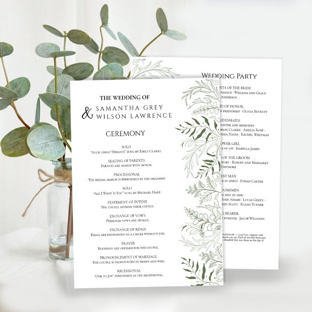 Botanische Grüne Hochzeitsprogrammkarte Programm (Von Creator hochgeladen)