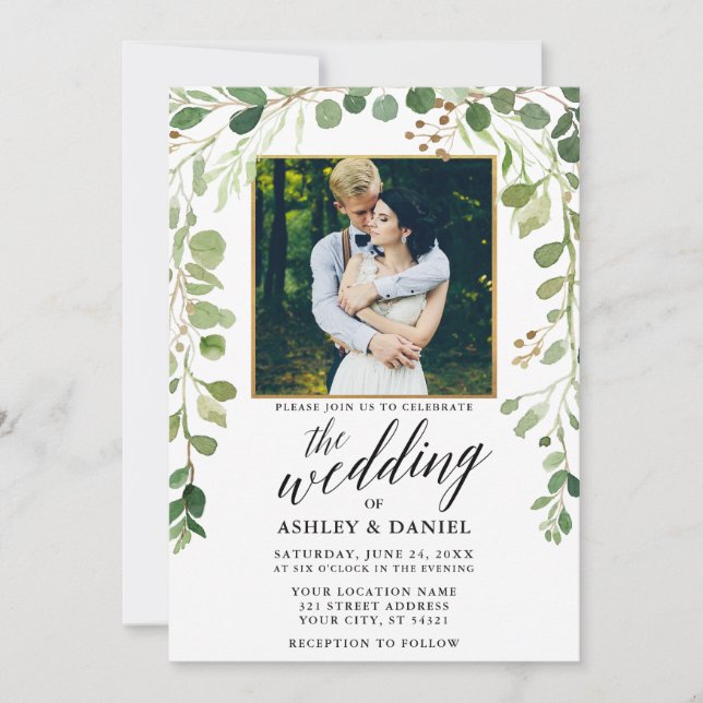 Botanische grüne Kalligrafie-Goldrahmen-Hochzeit Einladung (Vorderseite)