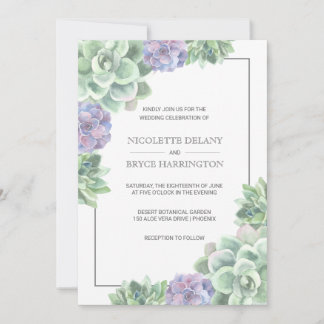 Botanische Grüne und Lila Sukkulente Hochzeit Einladung