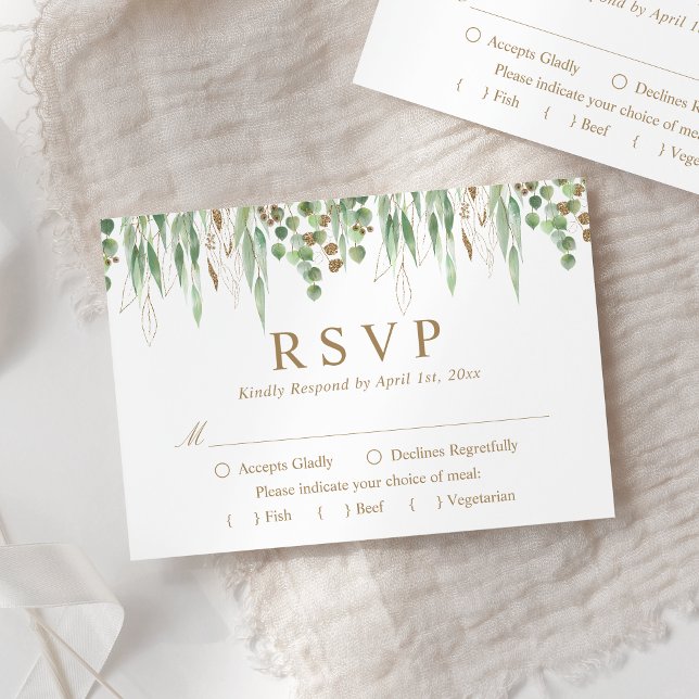 Botanische Grüne Wasserfarben Hochzeit Gold RSVP Karte (Von Creator hochgeladen)