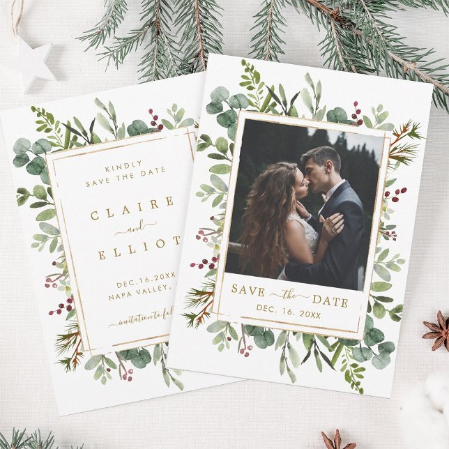 Botanische Grüne Weihnachtszeit Gold Hochzeit Foto Save The Date (Front & Back)