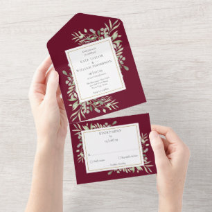 Botanische Grünmonogramm-Burgunder-Hochzeit All In One Einladung