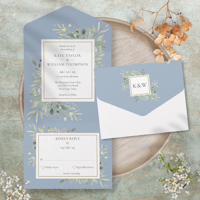 Botanische Grünpflanzen Blätter Dusty Blue Wedding All In One Einladung (Botanical Greenery Leaves Dusty Blue Wedding All In One Invitation)