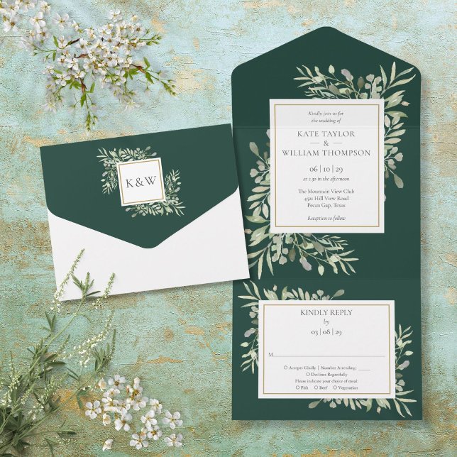 Botanische Grünpflanzen Blätter Emerald Wedding All In One Einladung (Botanical Greenery Leaves Emerald Wedding All In One Invitation)