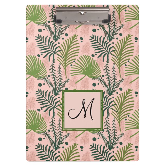 Botanische Grünpflanzen Blätter Monogram Pink Cora Klemmbrett (Vorderseite)