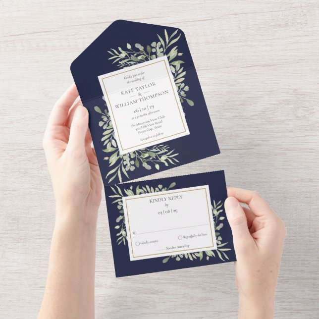 Botanische Grünpflanzen Blätter Navy Blue Wedding All In One Einladung (Abreißen)