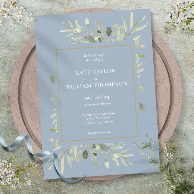 Botanische Grünpflanzen Foliage Dusty Blue Wedding Einladung (Botanical Greenery Foliage Dusty Blue Wedding Invitation)