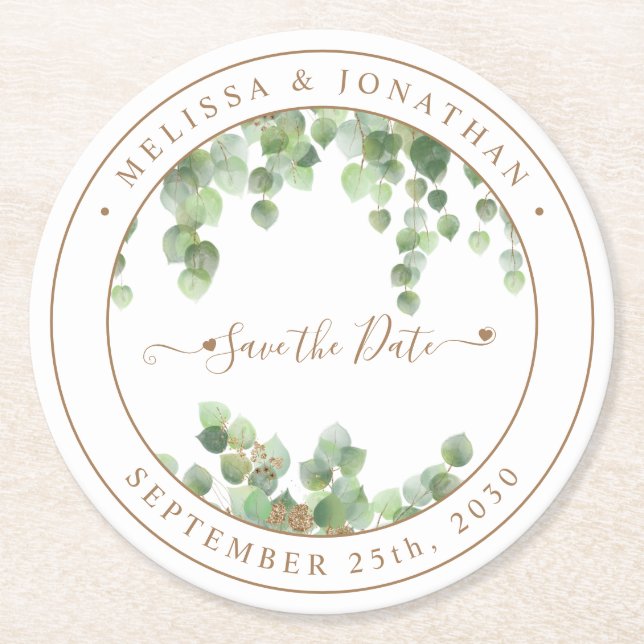 Botanische Grünpflanzen Gold Hochzeit retten Datum Runder Pappuntersetzer (Vorderseite)
