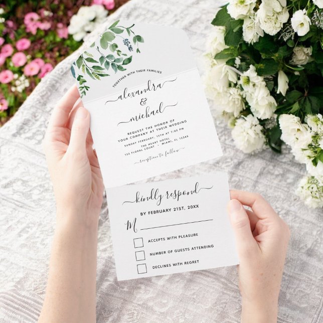 Botanische Grünpflanzen Hochzeit RSVP Budget All In One Einladung (Von Creator hochgeladen)