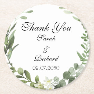 Botanische Grünpflanzen Hochzeitsticker Runder Pappuntersetzer