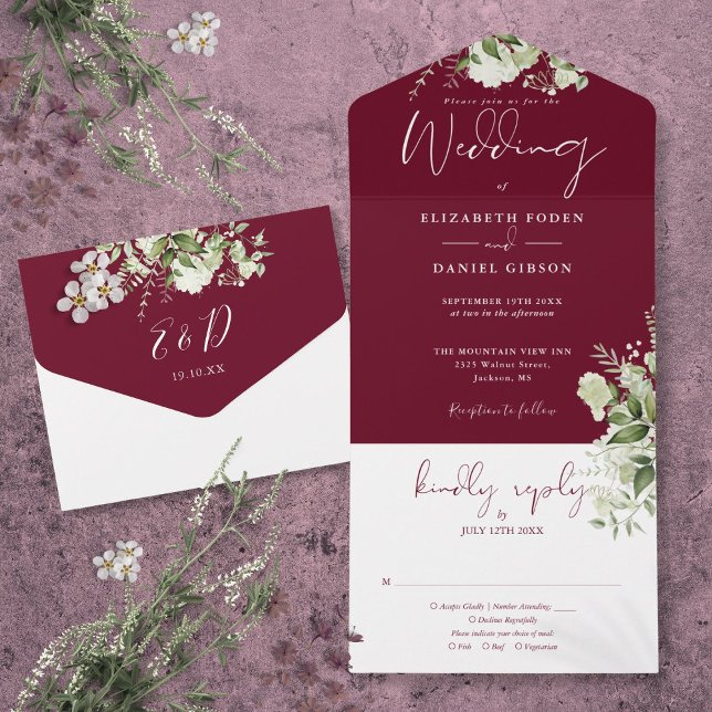 Botanische Grünpflanzen-Monogramm-Hochzeit All In One Einladung (Burgundy Botanical Greenery Monogram Wedding All In One Invitation)