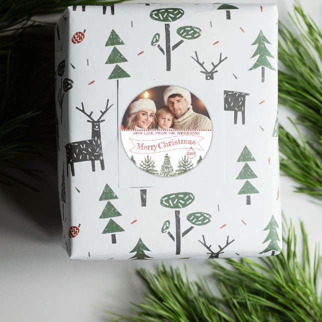 Botanische Grünpflanzen Rotes Grün Foto Frohe Weih Runder Aufkleber (Von Creator hochgeladen)