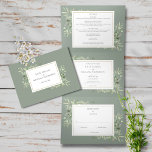 Botanische Grünpflanzen Sage Green Foto Hochzeit Dreifach Gefaltete Einladung<br><div class="desc">Das Ganze in einer dreiteiligen Hochzeitseinladung mit eleganten botanischen Aquarellgrün-Blätter auf einem schlauen grünen Hintergrund,  einem schicken goldenen Rahmen und Ihrem besonderen Foto. Die Einladung enthält Ihre Feierinformationen und eine RSVP-Karte. Entwickelt von Thisisnotme©</div>