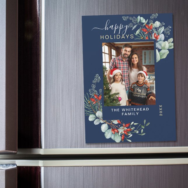 Botanische Grünpflanzen Wasserfarbe Blaues Foto Magnetkarte (You will love these beautiful Christmas cards! They feature botanical watercolor pine and berries.)