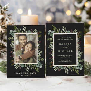 Botanische Grünpflanzen Winterhochzeit Foto Schwar Save The Date