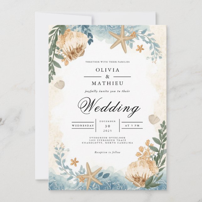 Botanische Hochzeit an der Küste Einladung (Vorderseite)