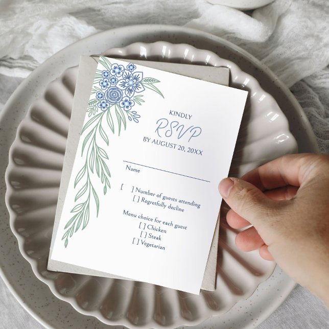 Botanische Hochzeit der blauen Marine RSVP Karte (Von Creator hochgeladen)
