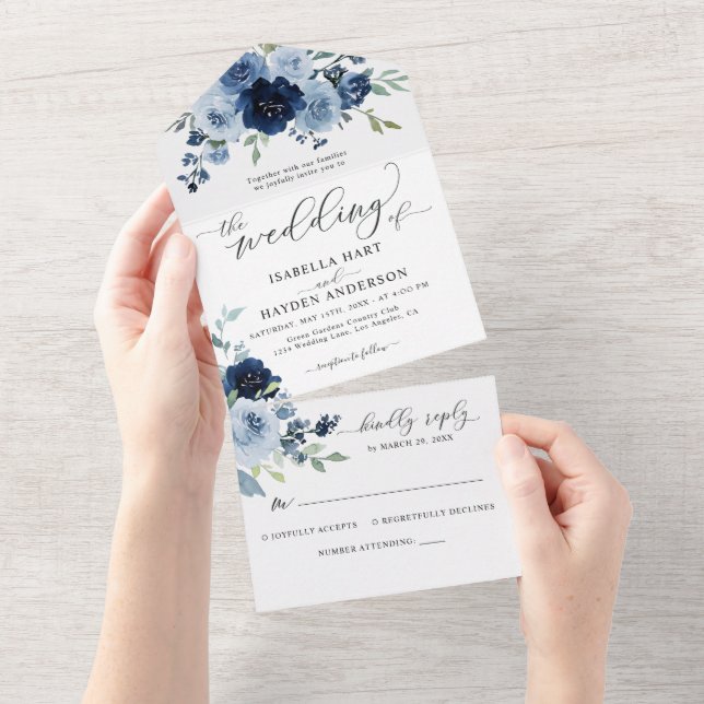 Botanische Hochzeit der Blauen Navy mit Schiefer All In One Einladung (Abreißen)