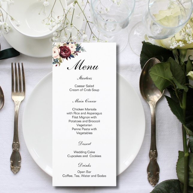 Botanische Hochzeit der Burgundy Navy Menükarte (Burgundy Navy Blue Cream Floral Botanical Watercolor Wedding Menu)