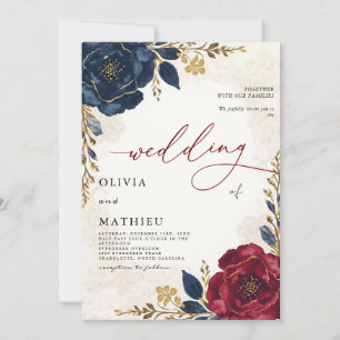 Botanische Hochzeit der Deep Navy Burgundy Einladung