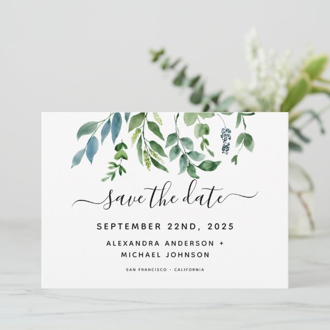 Botanische Hochzeit der grünen Foliage Save The Date (Stehend Vorderseite)