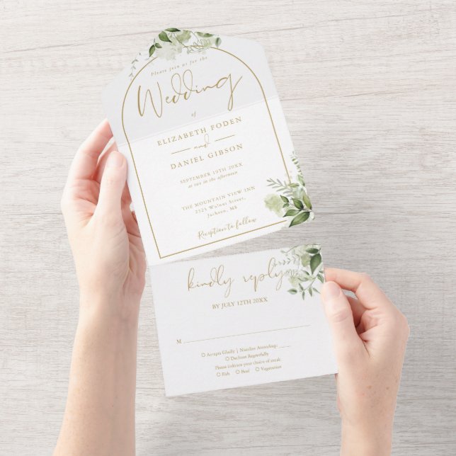 Botanische Hochzeit der modernen Goldenen Arche All In One Einladung (Abreißen)