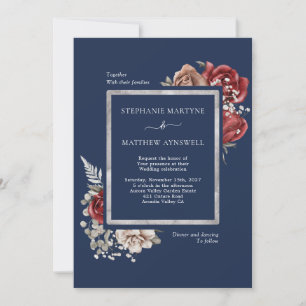 Botanische Hochzeit der Rote Rose Navy Blue Burgun Einladung