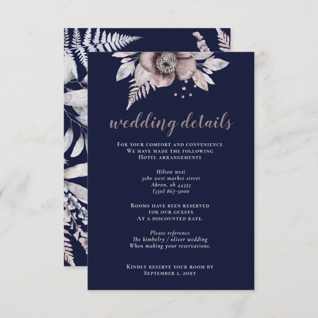 Botanische Hochzeit der Rustikalen Marine Mauve Begleitkarte (Vorne/Hinten)