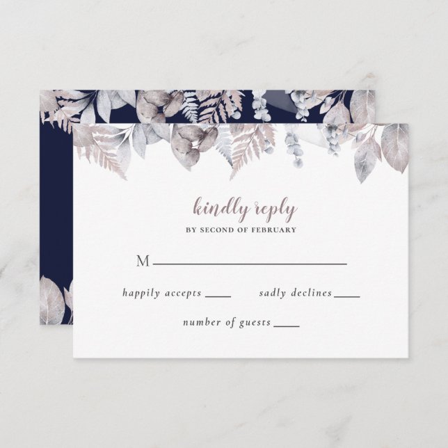 Botanische Hochzeit der Rustikalen Marine Mauve RSVP Karte (Vorne/Hinten)