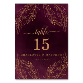 Botanische Hochzeit im eleganten Burgund und Gold Tischnummer