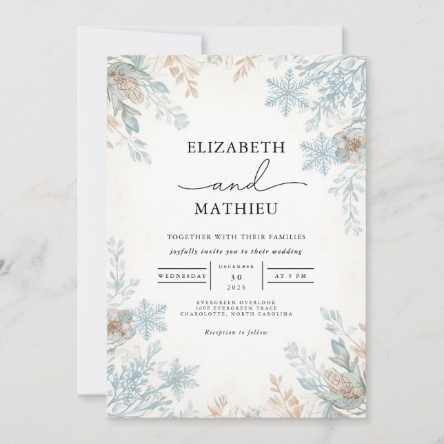 Botanische Hochzeit im Winter Frost Einladung (Vorderseite)