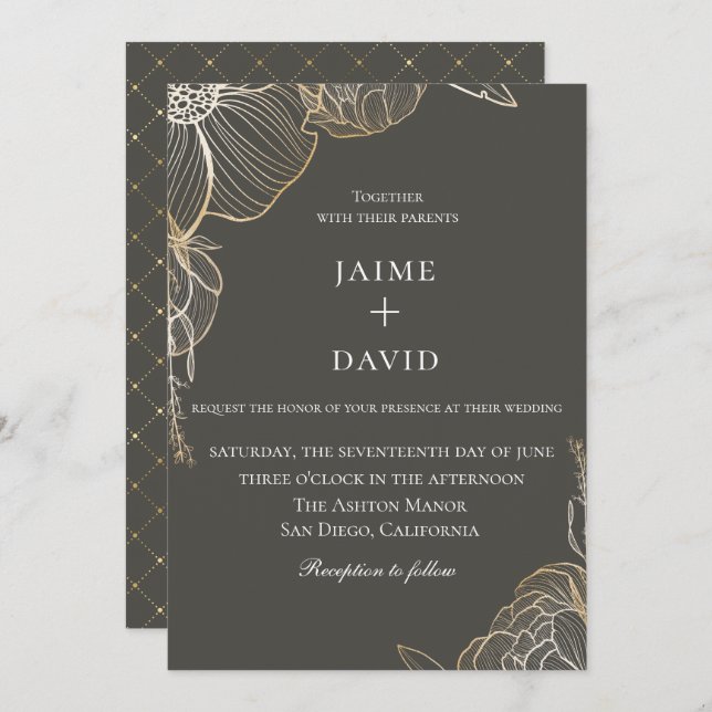 Botanische Hochzeit in der Goldenen Flora Einladung (Vorne/Hinten)