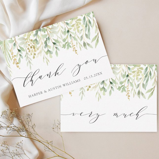 Botanische Hochzeit in Grünblättern Dankeskarte (Front & Back)