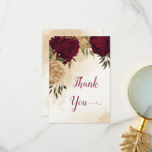 Botanische Hochzeit in Maroon-Beige Dankeskarte