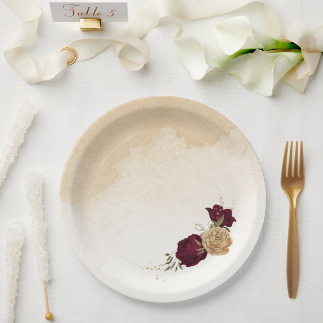 Botanische Hochzeit in Maroon-Beige Pappteller (Hochzeit)