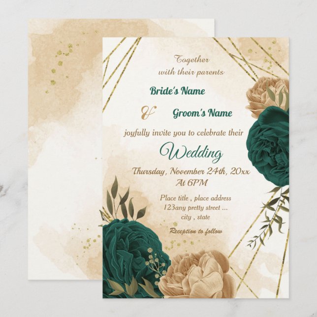 Botanische Hochzeit in Smaragdgrün Einladung (Vorne/Hinten)
