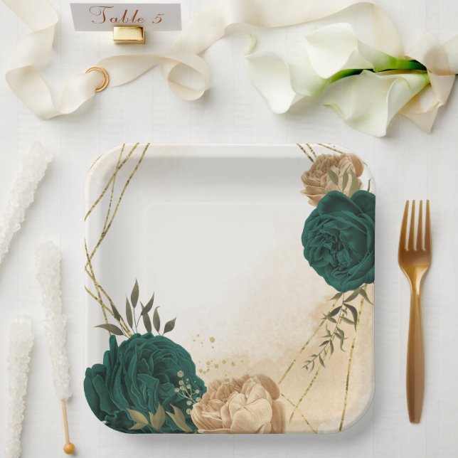 Botanische Hochzeit in Smaragdgrün Pappteller (Hochzeit)