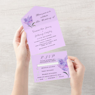 Botanische Hochzeit Lila Flora und Fauna All In One Einladung