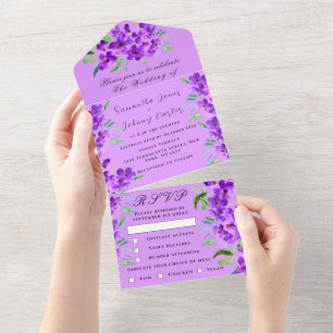 Botanische Hochzeit Lila Flora und Fauna All In One Einladung