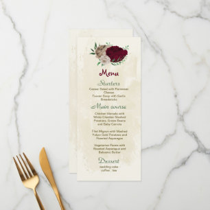 Botanische Hochzeit mit Burgunder Champagner-Blume Menükarte