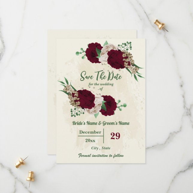 Botanische Hochzeit mit Burgunder Champagner-Blume Save The Date (Vorderseite/Rückseite Beispiel)