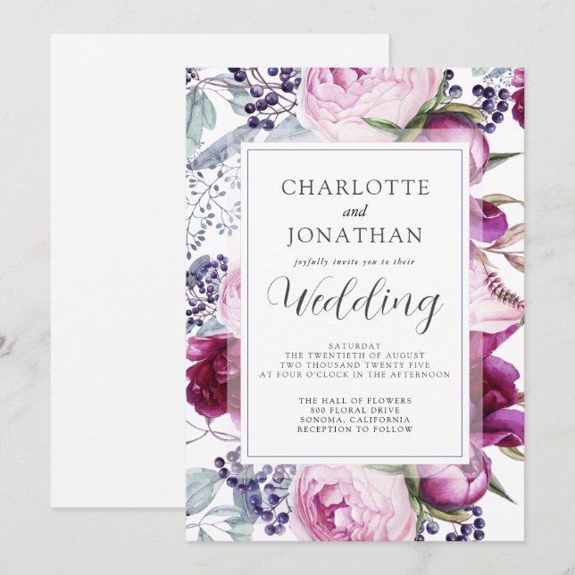 Botanische Hochzeit mit eleganten Wasserfarben Einladung (Vorne/Hinten)