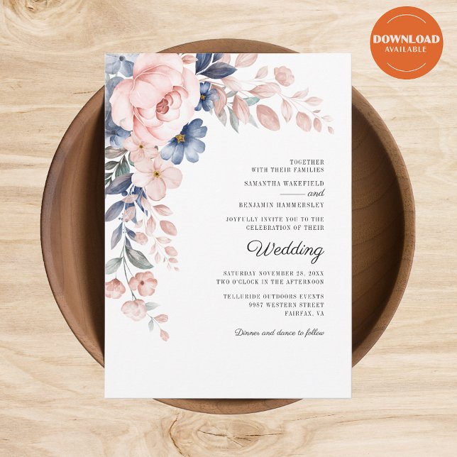 Botanische Hochzeit mit floralem Rosa Einladung (Blush Pink Floral Watercolor Script Wedding Invitation)