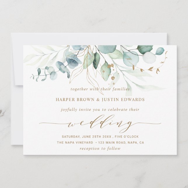 Botanische Hochzeit mit Gold und Grün Einladung (Vorderseite)