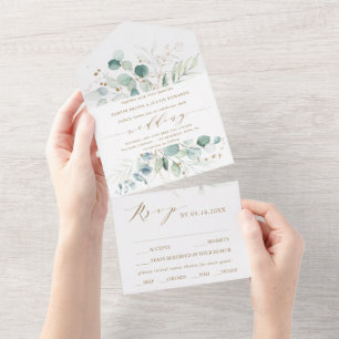 Botanische Hochzeit mit Gold und grünem Wasser All In One Einladung