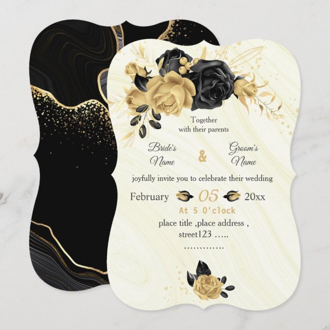 Botanische Hochzeit mit Gold und Schwarz-Blume Einladung (Vorne/Hinten)